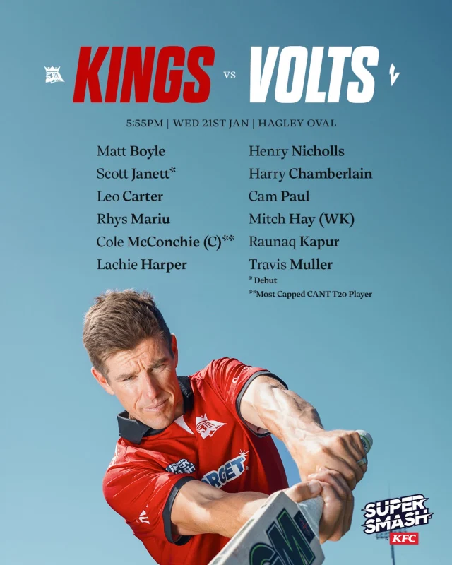 The Kings to take on the Volts tomorrow at Hagley!Cole McConchie set to become the most capped King in the T20 format ❤️Scott Janett to make his Super Smash debut 🔥#canterburykings
