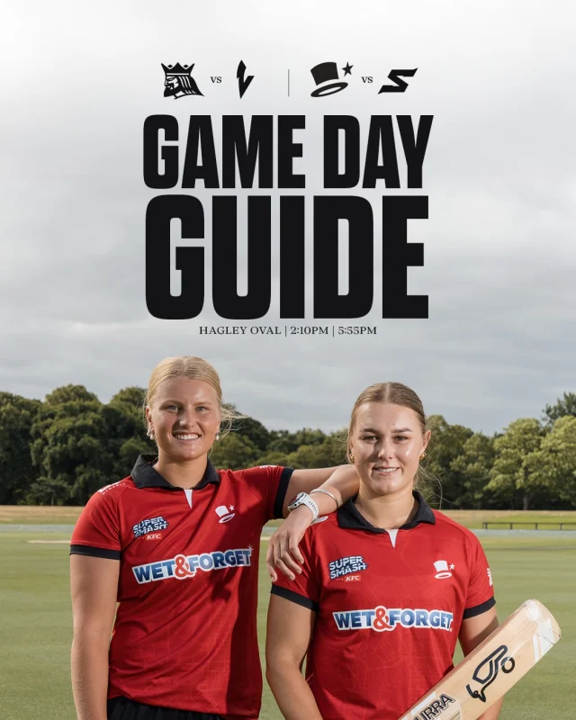 GAME DAY GUIDEHere’s what you need to know for today’s home Super Smash Double Header vs the Sparks and Volts 🔥#canterburycricket