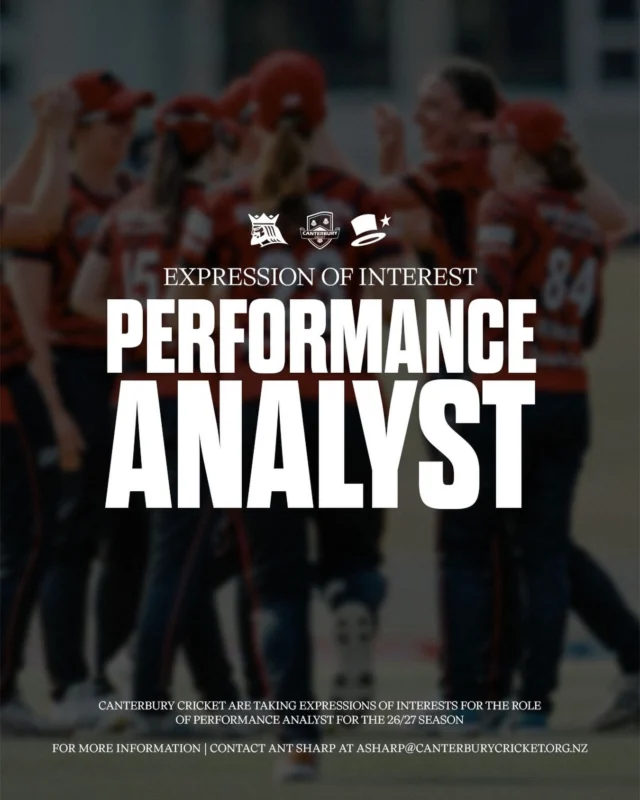 Canterbury Cricket is taking Expressions of Interest for a Performance Analyst for the 26/27 season.Keen to learn more about this opportunity? Contact Ant Sharp at asharp@canterburycricket.org.nz to learn more!#canterburycricket